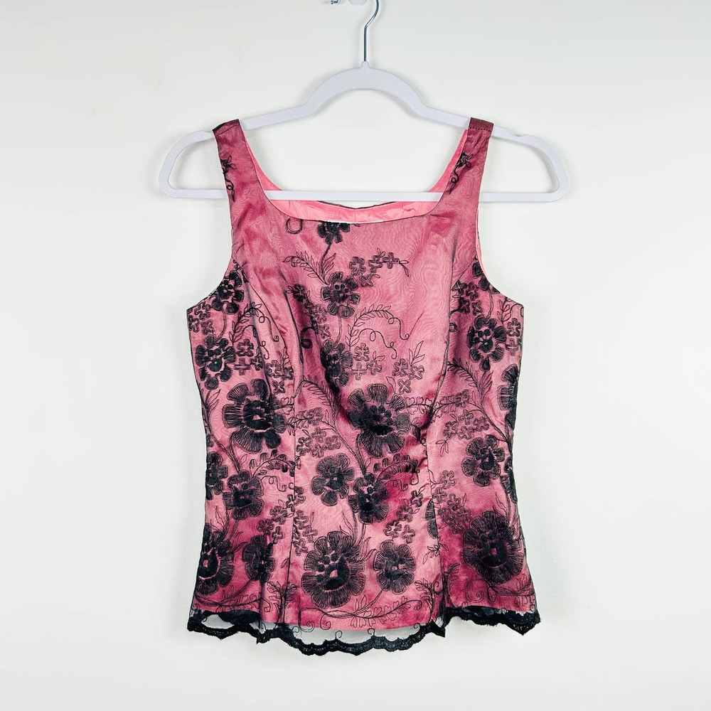 Vintage Geometrie Y2K Pink Black Lace Overlay Corset Style Blouse Size 4